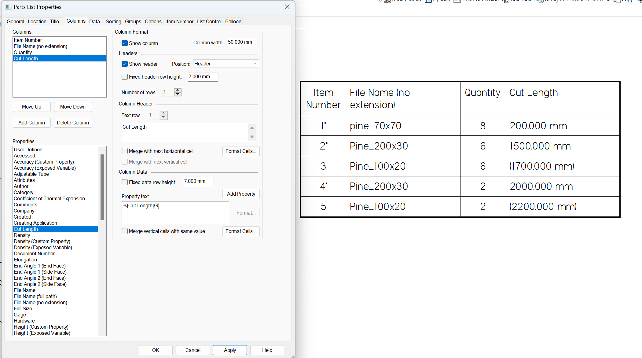 Cut list with details